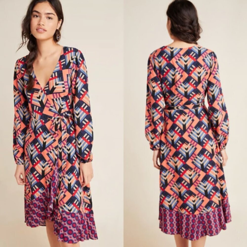 Anthropologie Porridge Amity Pink & Blue Colorful Long Sleeve Wrap‎ Dress M